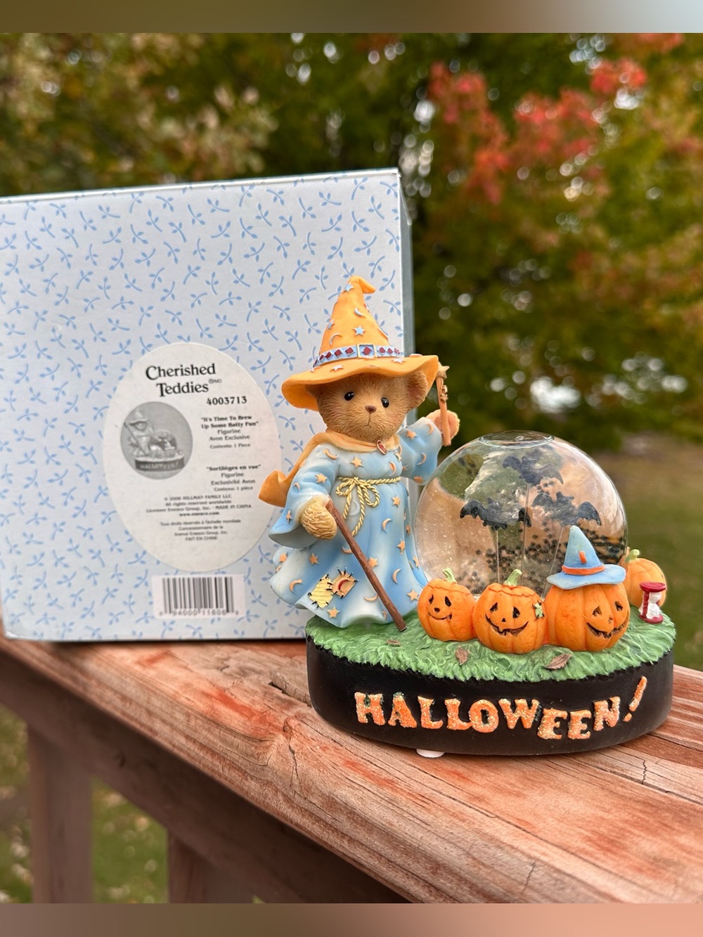 Cherished Teddies Blue and Orange Halloween Bear Snow Globe